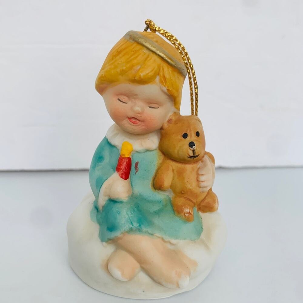 Vintage Angel Teddy Bear Bisque Christmas Tree Ornament